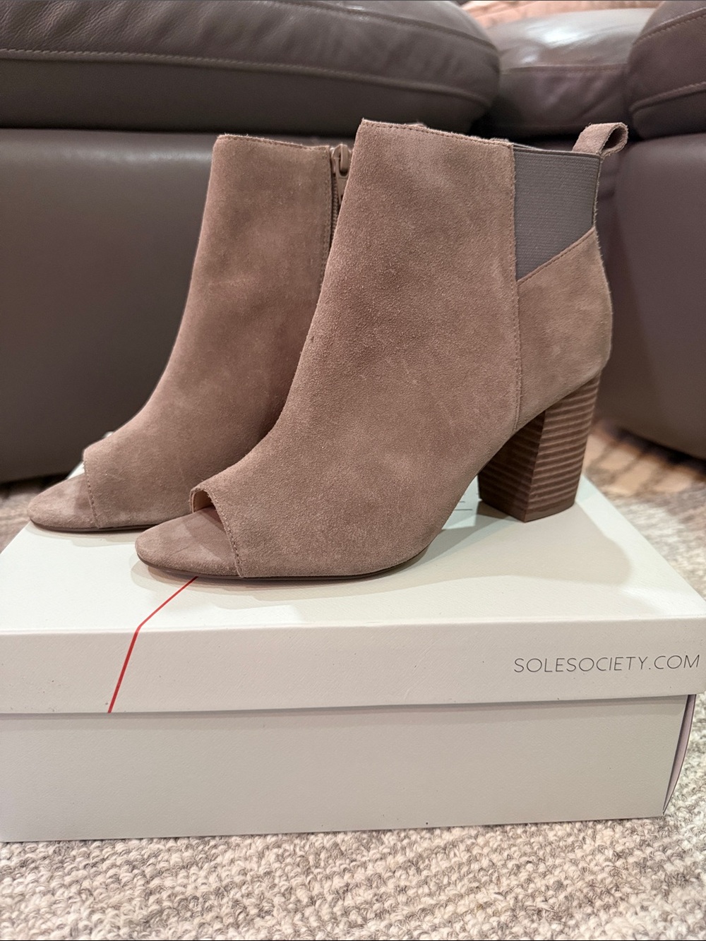 Sole Society Open-Toe Suede Block Heel Booties - Mushroom